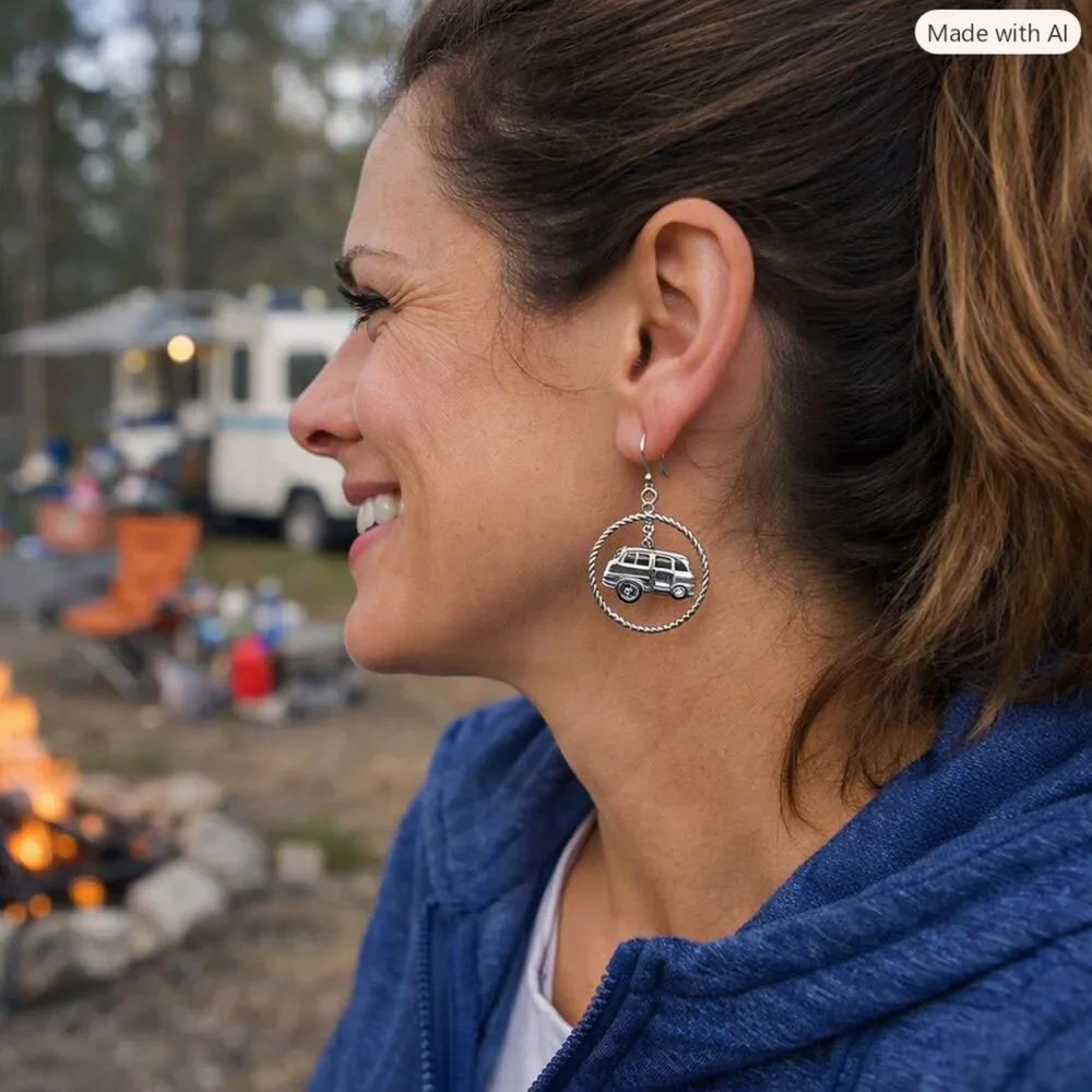Silver Hoop Happy Camper Earrings NEW Vintage Travel Trailer Charm French Hook
